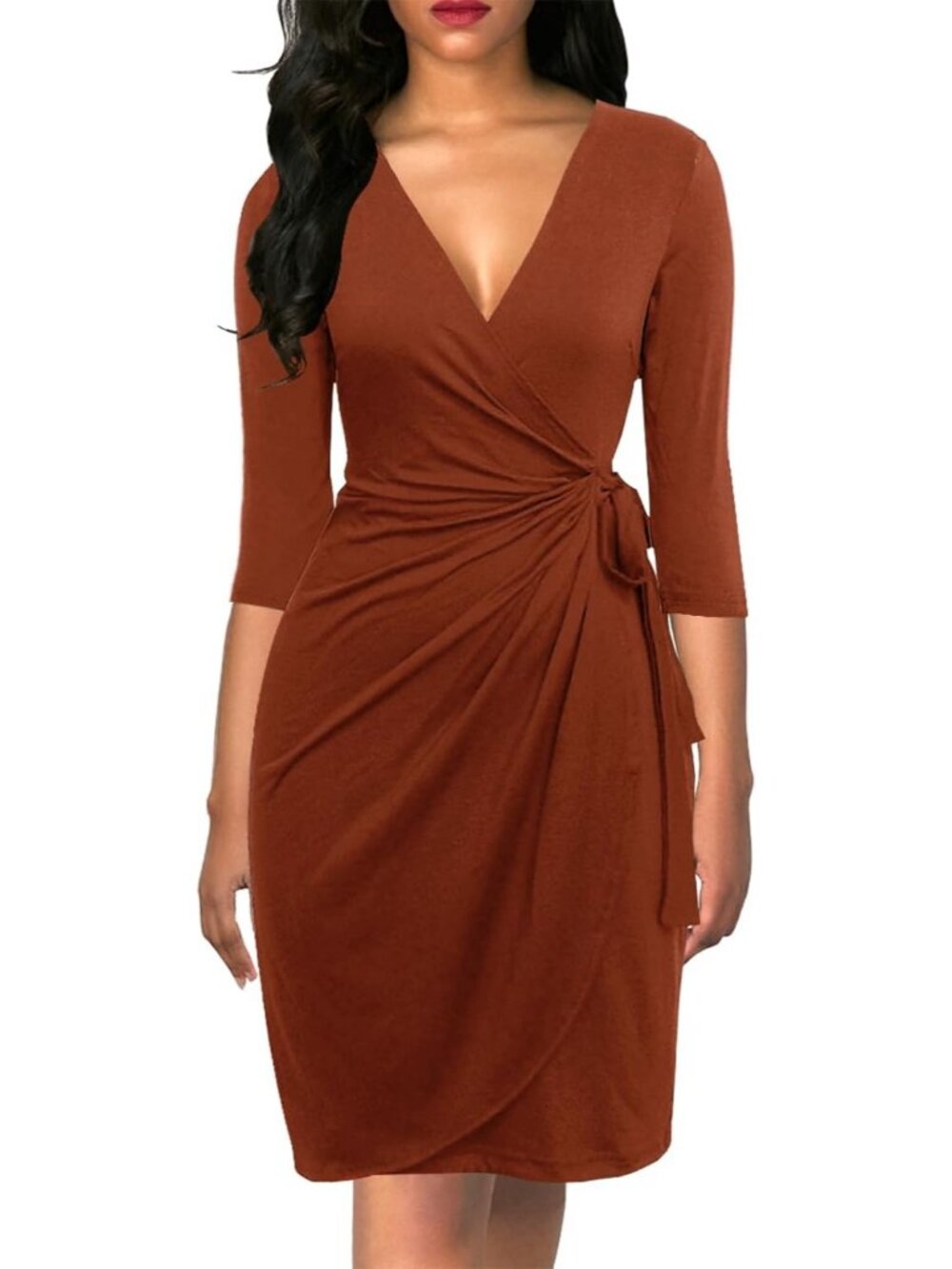 Women's Brown 3/4 Sleeve Faux Elegant V Neck Bodycon Midi Knee Wrap Dresses